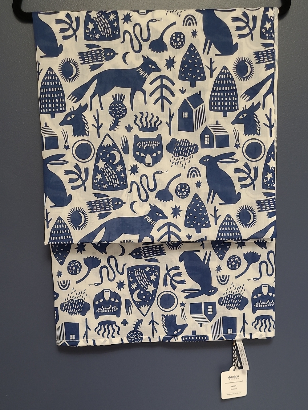 002 - 100% Cotton Scarf, Blue and White Woodland Print,  43" × 71" - NWT